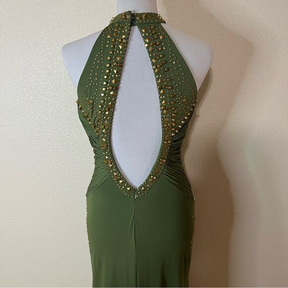 Jovani 89892 olive green gold studs jersey cutout halter mermaid dress NEW 4 - Picture 5 of 9
